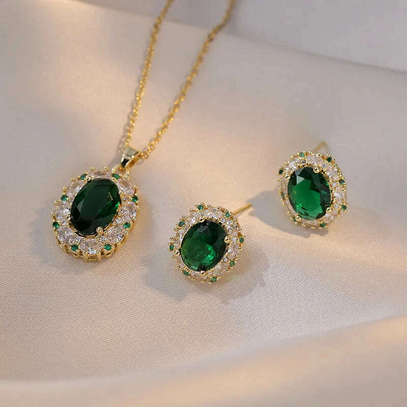 Luxury Pink Zircon Big Flower Stud Earrings and Pendants Stainless Steel Chains Necklaces For Women Bridal Birthday Jewelry Sets - KIMLUD
