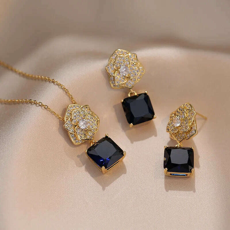 Luxury Pink Zircon Big Flower Stud Earrings and Pendants Stainless Steel Chains Necklaces For Women Bridal Birthday Jewelry Sets - KIMLUD