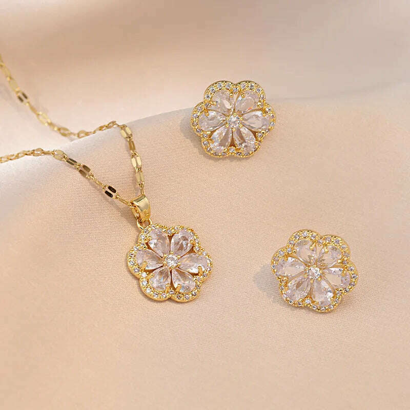 Luxury Pink Zircon Big Flower Stud Earrings and Pendants Stainless Steel Chains Necklaces For Women Bridal Birthday Jewelry Sets - KIMLUD