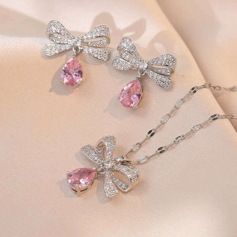 Luxury Pink Zircon Big Flower Stud Earrings and Pendants Stainless Steel Chains Necklaces For Women Bridal Birthday Jewelry Sets - KIMLUD