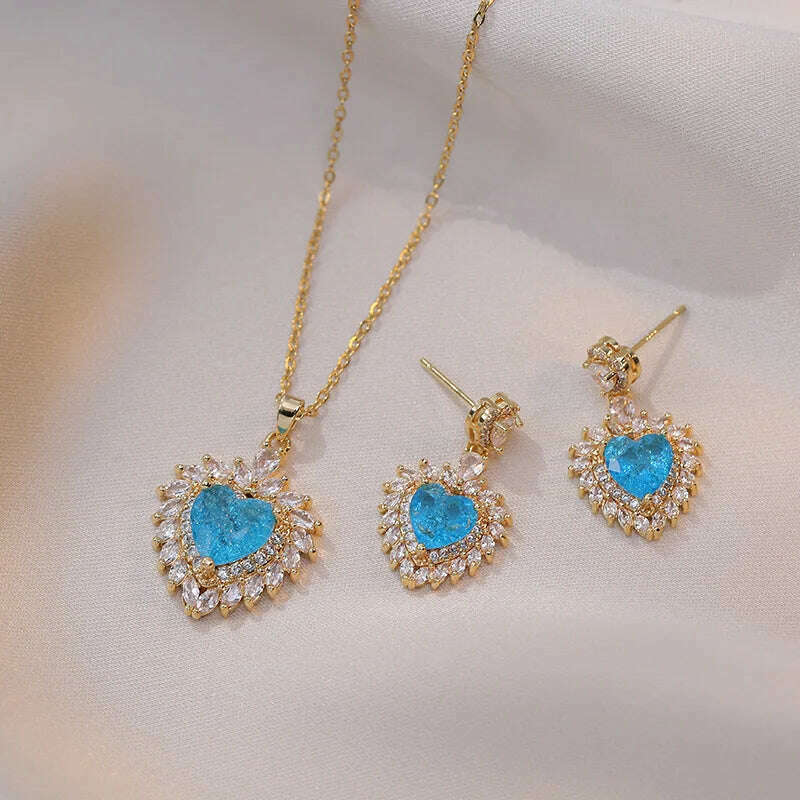 Luxury Pink Zircon Big Flower Stud Earrings and Pendants Stainless Steel Chains Necklaces For Women Bridal Birthday Jewelry Sets - KIMLUD