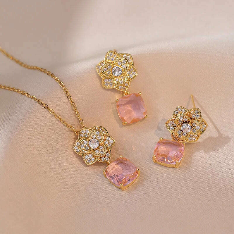 Luxury Pink Zircon Big Flower Stud Earrings and Pendants Stainless Steel Chains Necklaces For Women Bridal Birthday Jewelry Sets - KIMLUD