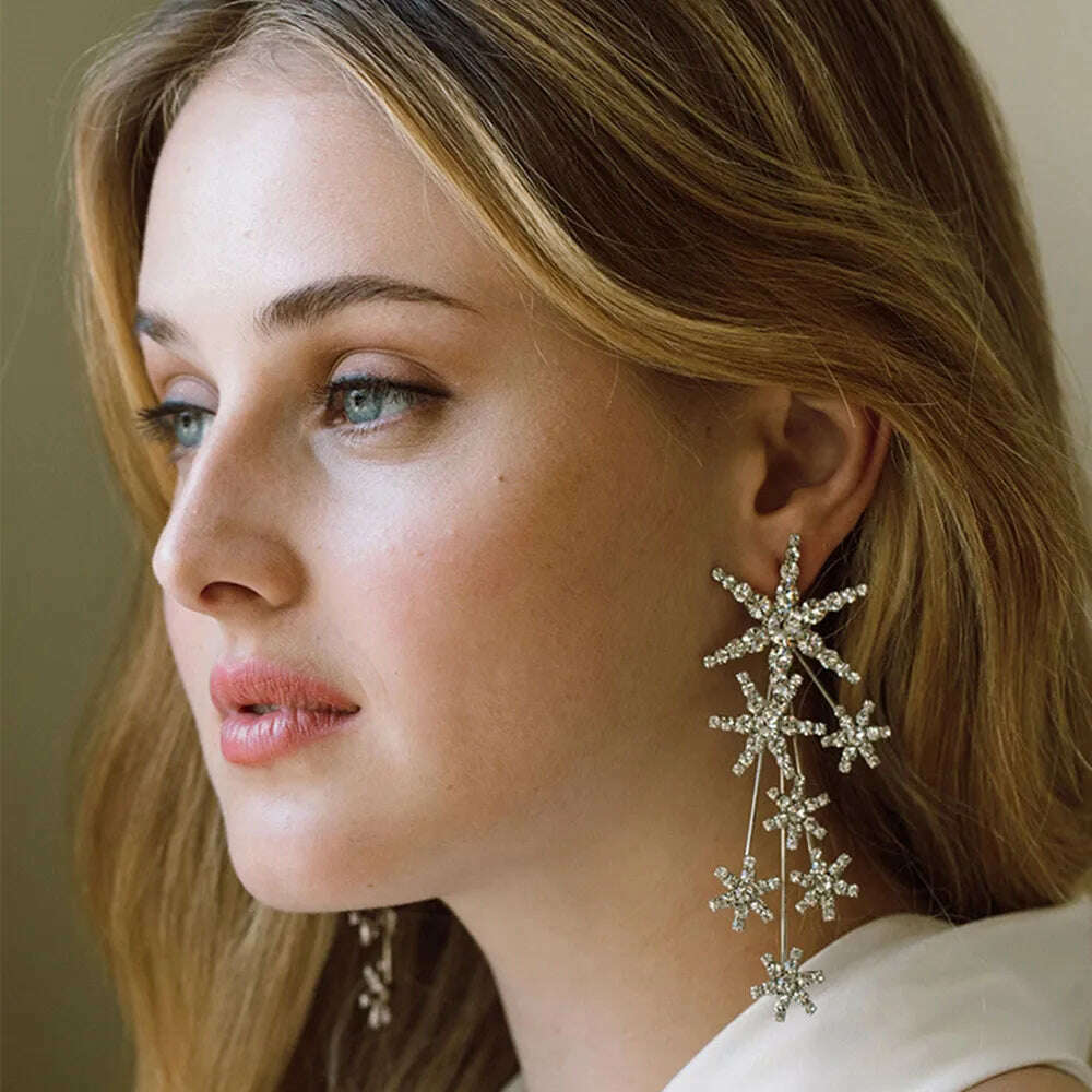 KIMLUD, Luxury Rhinestone Six-Pointed Star Long Drop Earrings Party Jewelry For Women Shiny Crystal Geometric Charm Dangle Earrings Gift, T3 / Silver, KIMLUD Womens Clothes