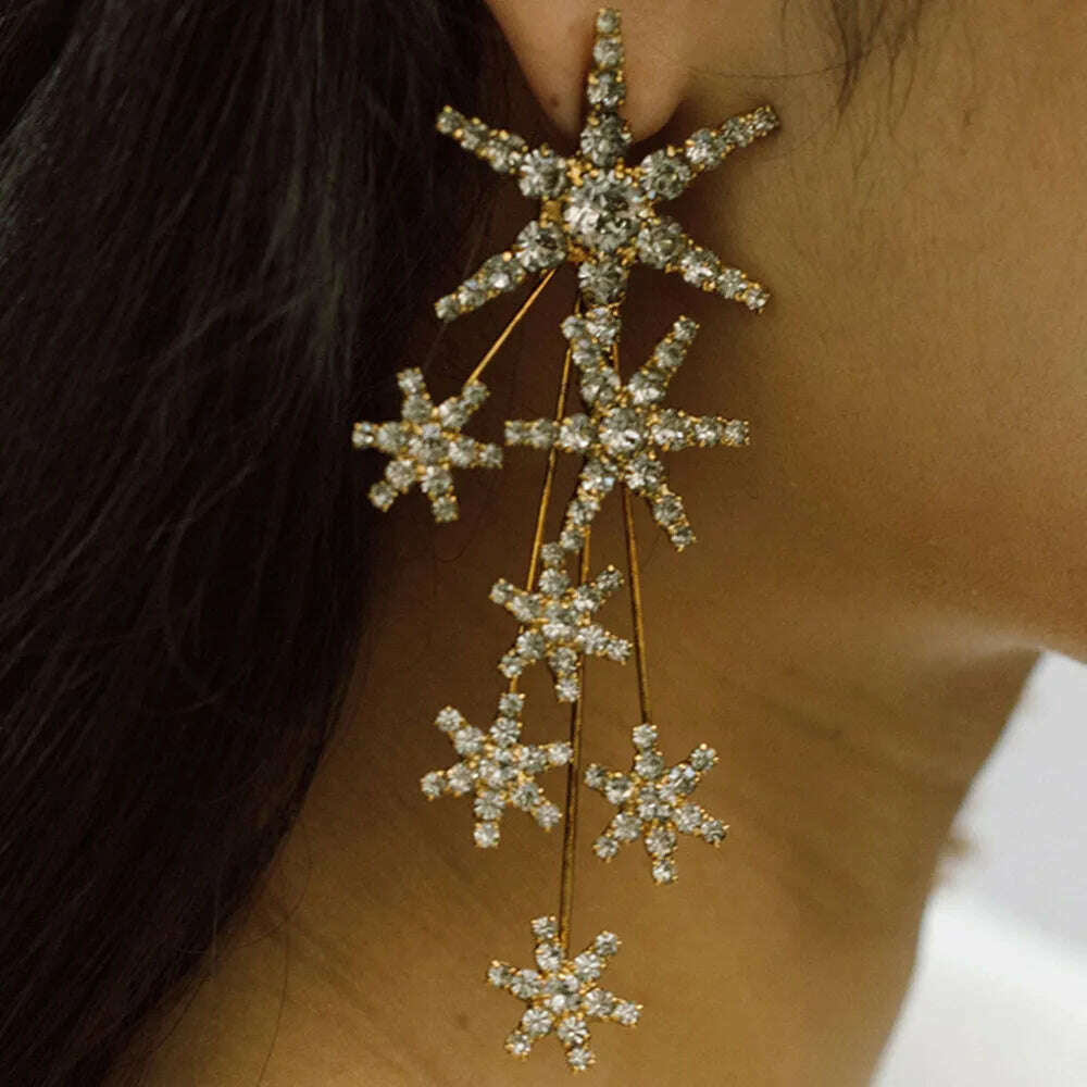 KIMLUD, Luxury Rhinestone Six-Pointed Star Long Drop Earrings Party Jewelry For Women Shiny Crystal Geometric Charm Dangle Earrings Gift, KIMLUD Womens Clothes