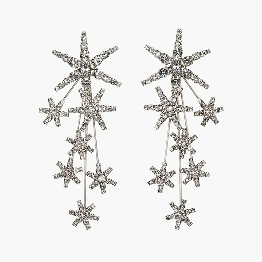 KIMLUD, Luxury Rhinestone Six-Pointed Star Long Drop Earrings Party Jewelry For Women Shiny Crystal Geometric Charm Dangle Earrings Gift, KIMLUD Womens Clothes