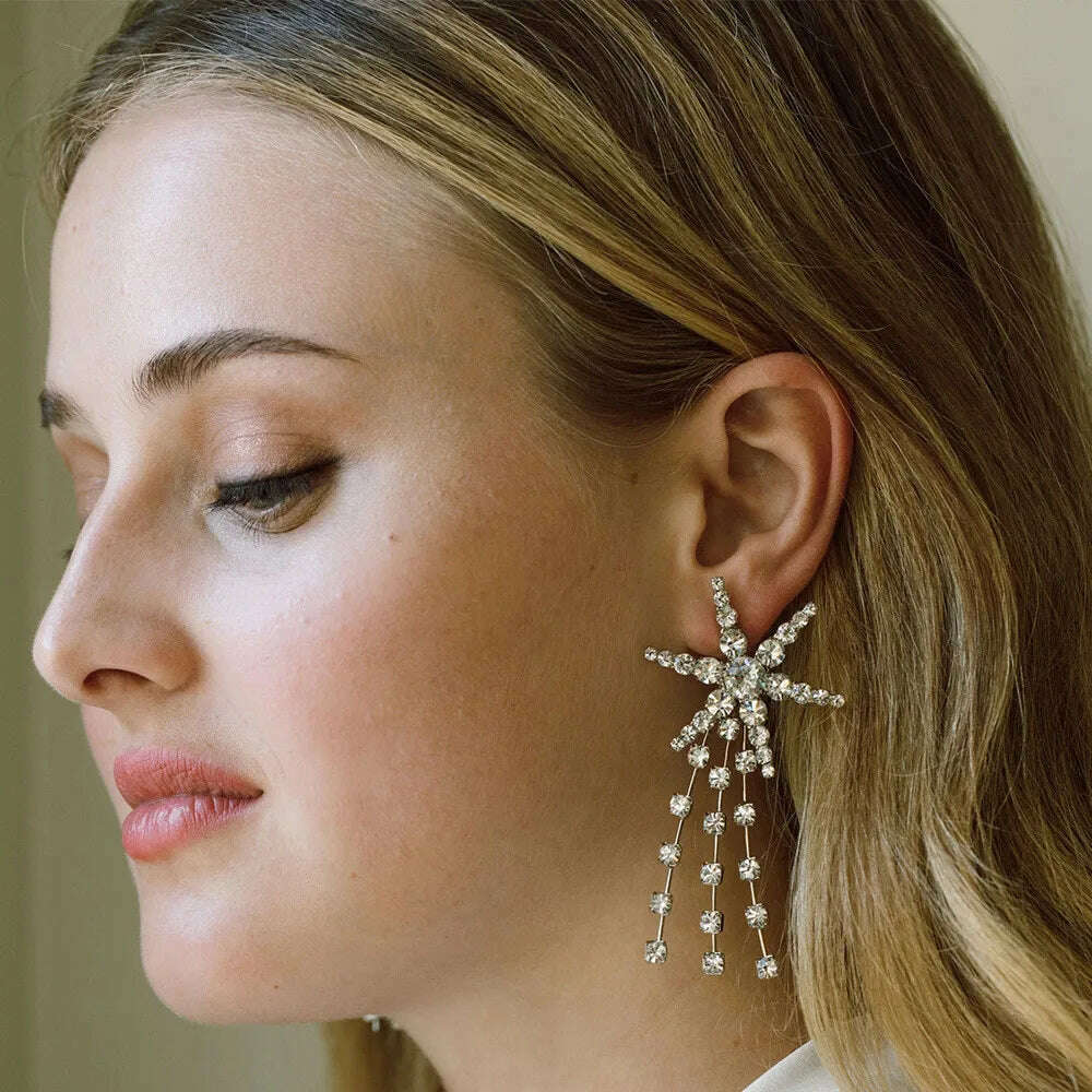 KIMLUD, Luxury Rhinestone Six-Pointed Star Long Drop Earrings Party Jewelry For Women Shiny Crystal Geometric Charm Dangle Earrings Gift, T2 / Silver, KIMLUD Womens Clothes