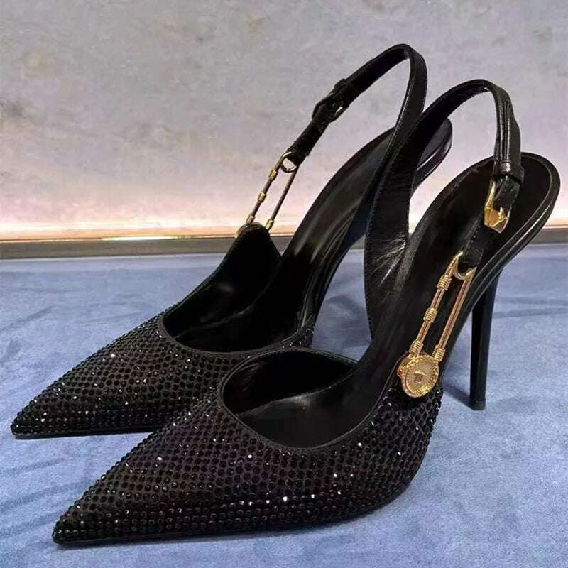 KIMLUD, Luxury Rhinestones Sequined Buckle Women Pumps Elegant Pointed toe Slingbacks Stiletto High heels Spring Summer Fashion Shoes, Black / 40, KIMLUD Womens Clothes