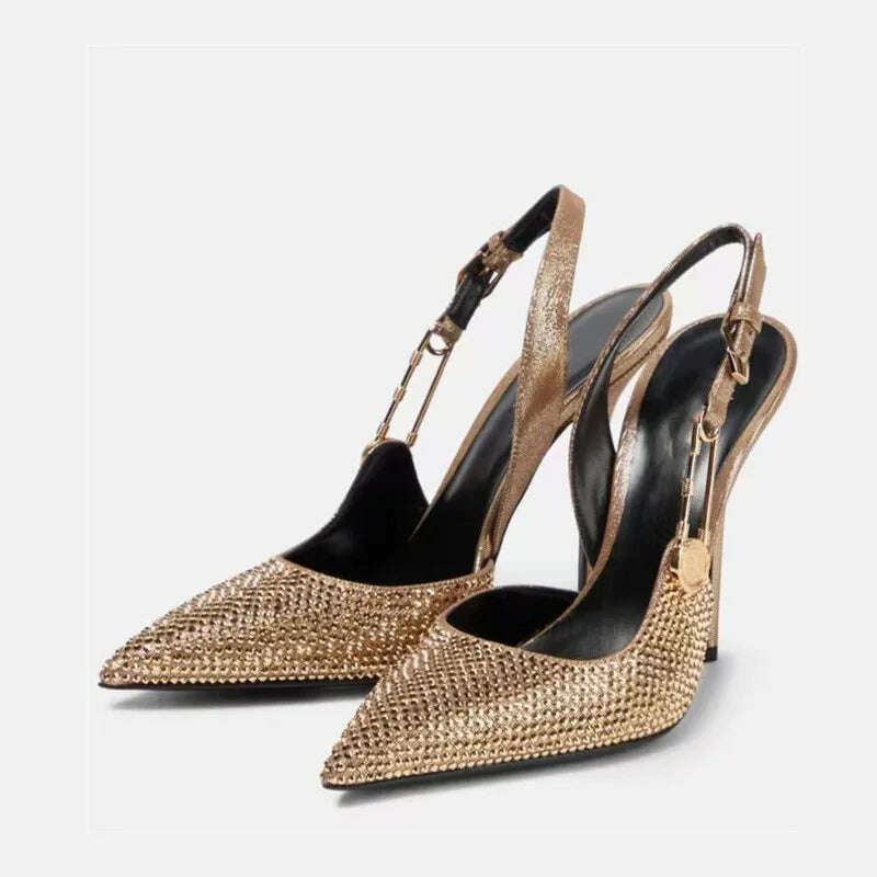 KIMLUD, Luxury Rhinestones Sequined Buckle Women Pumps Elegant Pointed toe Slingbacks Stiletto High heels Spring Summer Fashion Shoes, gold / 35, KIMLUD Womens Clothes