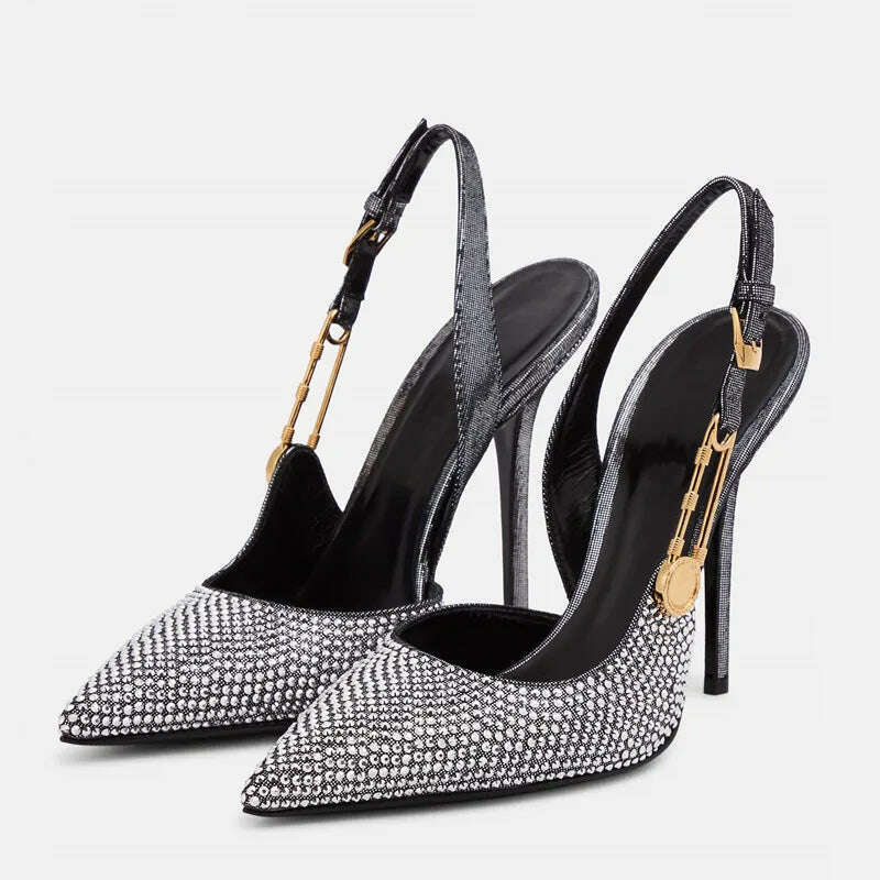 Luxury Rhinestones Sequined Buckle Women Pumps Elegant Pointed toe Slingbacks Stiletto High heels Spring Summer Fashion Shoes - KIMLUD