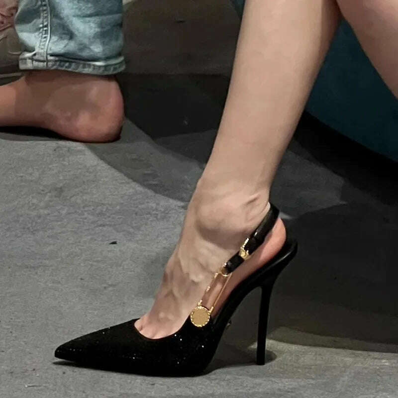 Luxury Rhinestones Sequined Buckle Women Pumps Elegant Pointed toe Slingbacks Stiletto High heels Spring Summer Fashion Shoes - KIMLUD