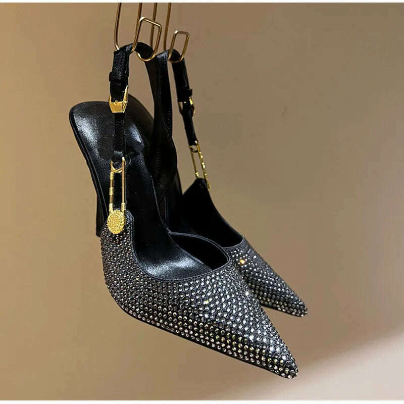 KIMLUD, Luxury Rhinestones Sequined Buckle Women Pumps Elegant Pointed toe Slingbacks Stiletto High heels Spring Summer Fashion Shoes, KIMLUD Womens Clothes