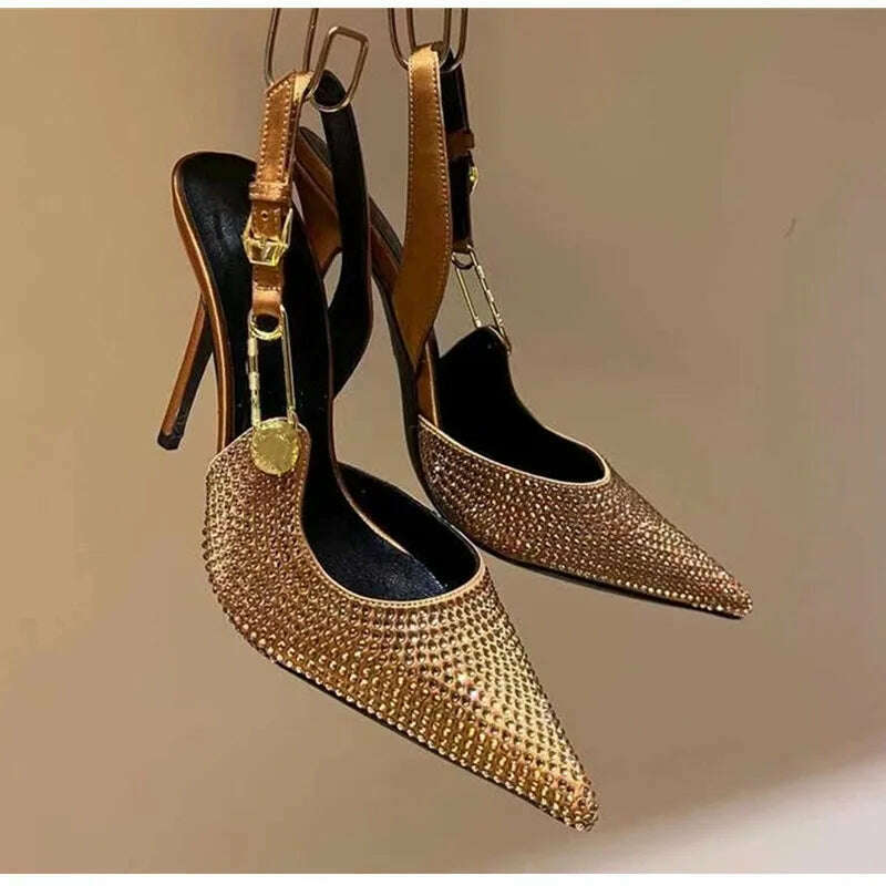 KIMLUD, Luxury Rhinestones Sequined Buckle Women Pumps Elegant Pointed toe Slingbacks Stiletto High heels Spring Summer Fashion Shoes, KIMLUD Womens Clothes