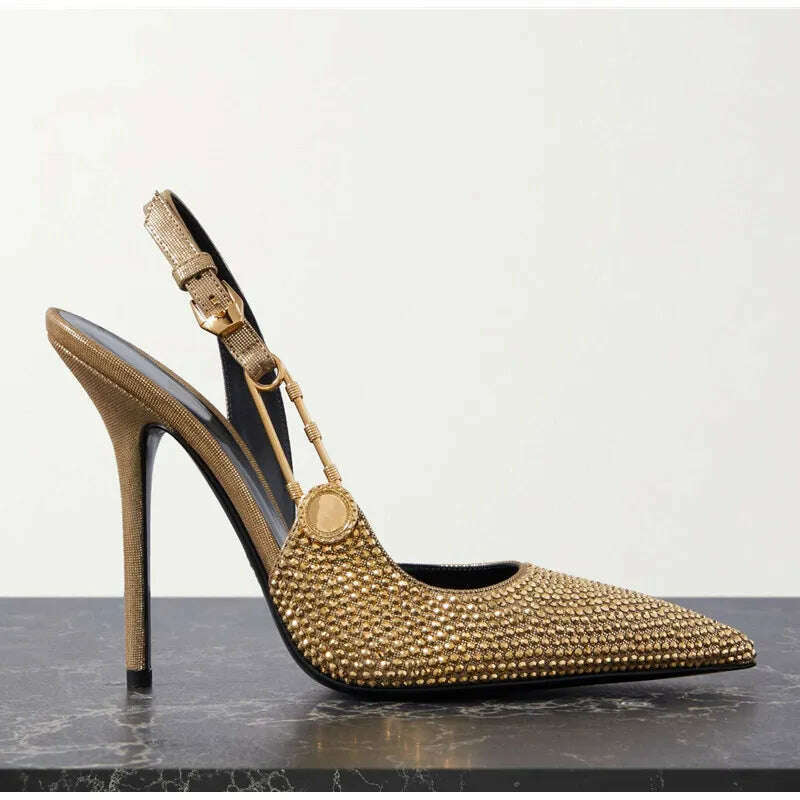 KIMLUD, Luxury Rhinestones Sequined Buckle Women Pumps Elegant Pointed toe Slingbacks Stiletto High heels Spring Summer Fashion Shoes, KIMLUD Womens Clothes