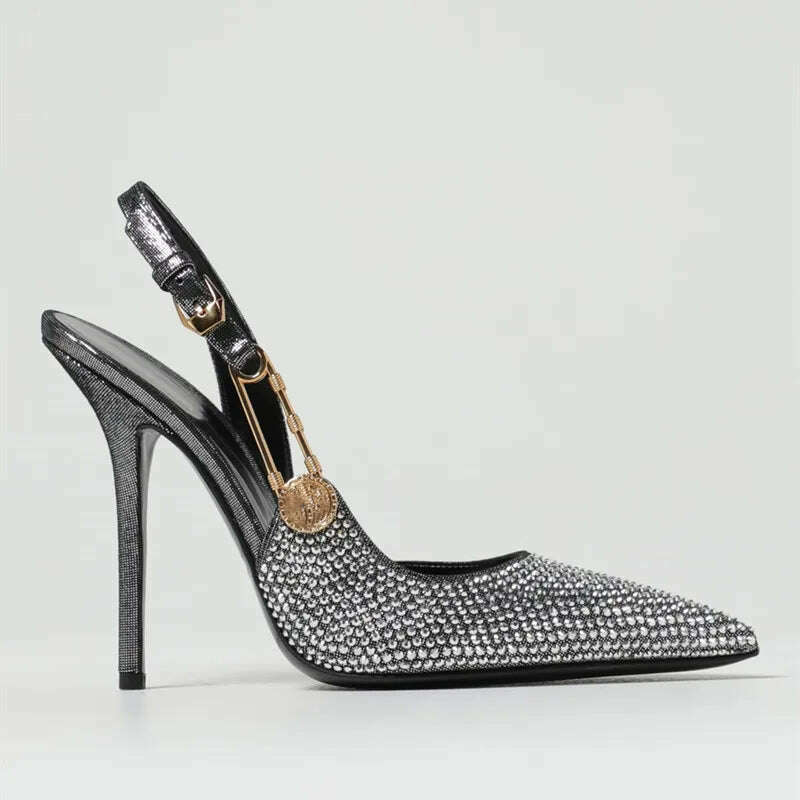 KIMLUD, Luxury Rhinestones Sequined Buckle Women Pumps Elegant Pointed toe Slingbacks Stiletto High heels Spring Summer Fashion Shoes, KIMLUD Womens Clothes