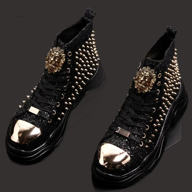 KIMLUD, Luxury rivet Boots Men's shoes designer sneakers men punk high tops gold red light bottom Casual Platform shoe zapatillas hombre, Black / 38, KIMLUD Women's Clothes