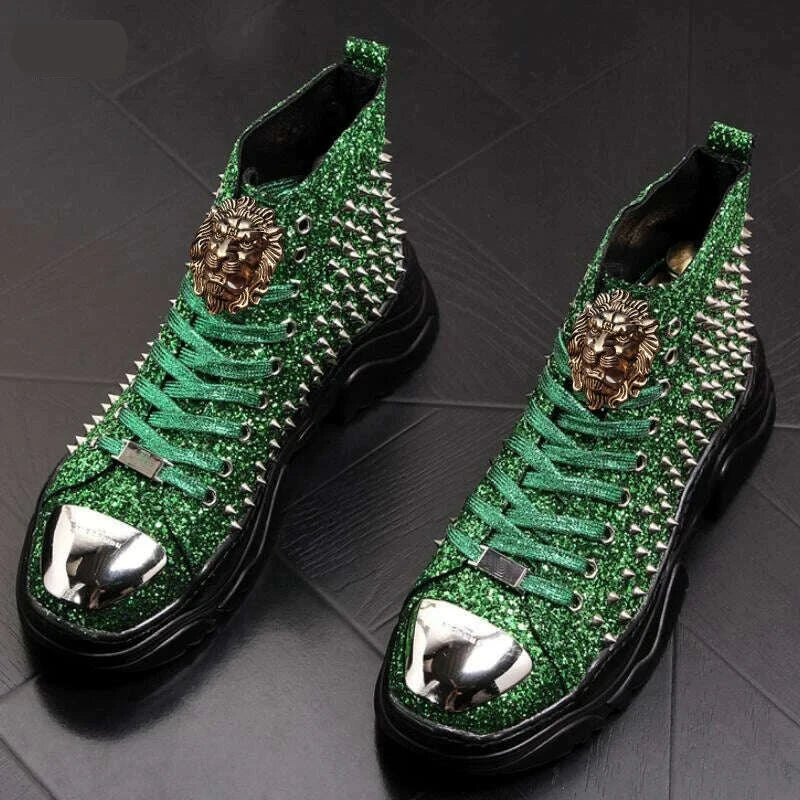 KIMLUD, Luxury rivet Boots Men's shoes designer sneakers men punk high tops gold red light bottom Casual Platform shoe zapatillas hombre, Green / 38, KIMLUD Women's Clothes