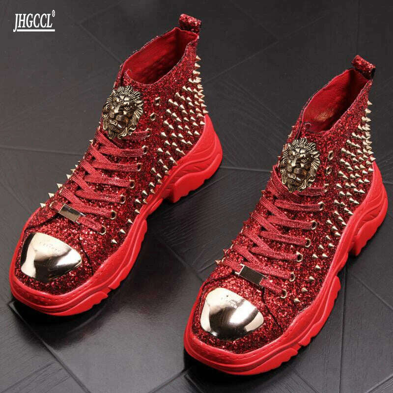 KIMLUD, Luxury rivet Boots Men's shoes designer sneakers men punk high tops gold red light bottom Casual Platform shoe zapatillas hombre, KIMLUD Womens Clothes