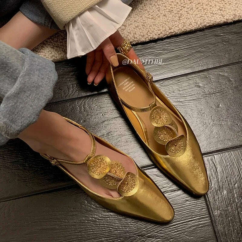 KIMLUD, Luxury Rome Shoes Women Elegant Shallow Shoes Summer 2024 Pointed Toe Retro Shoes Designer Dress Walking Flats Mujer Zapatillas, Gold / 36, KIMLUD Womens Clothes