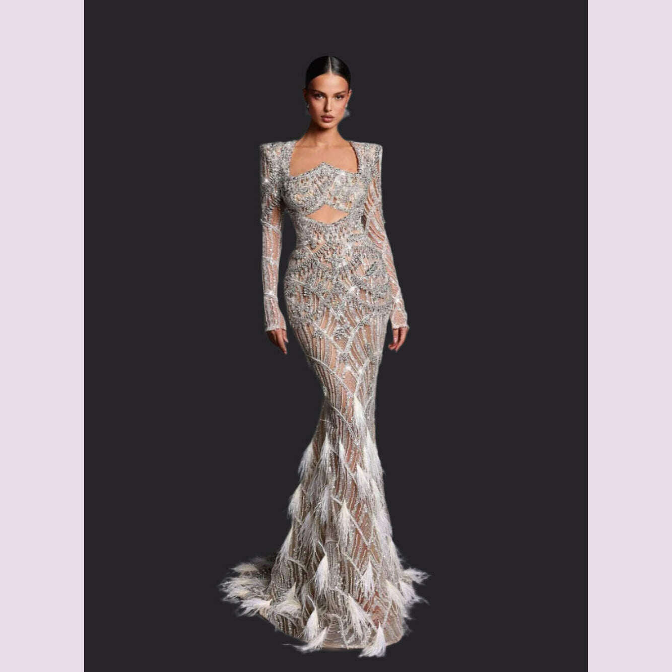 KIMLUD, Luxury Sliver Mermaid Evening Gown Illusion Cut Out Prom Dresses Celebrity Beading Sequins Feathers Customized Robe De Soriee, as pic / Custom size, KIMLUD APPAREL - Womens Clothes