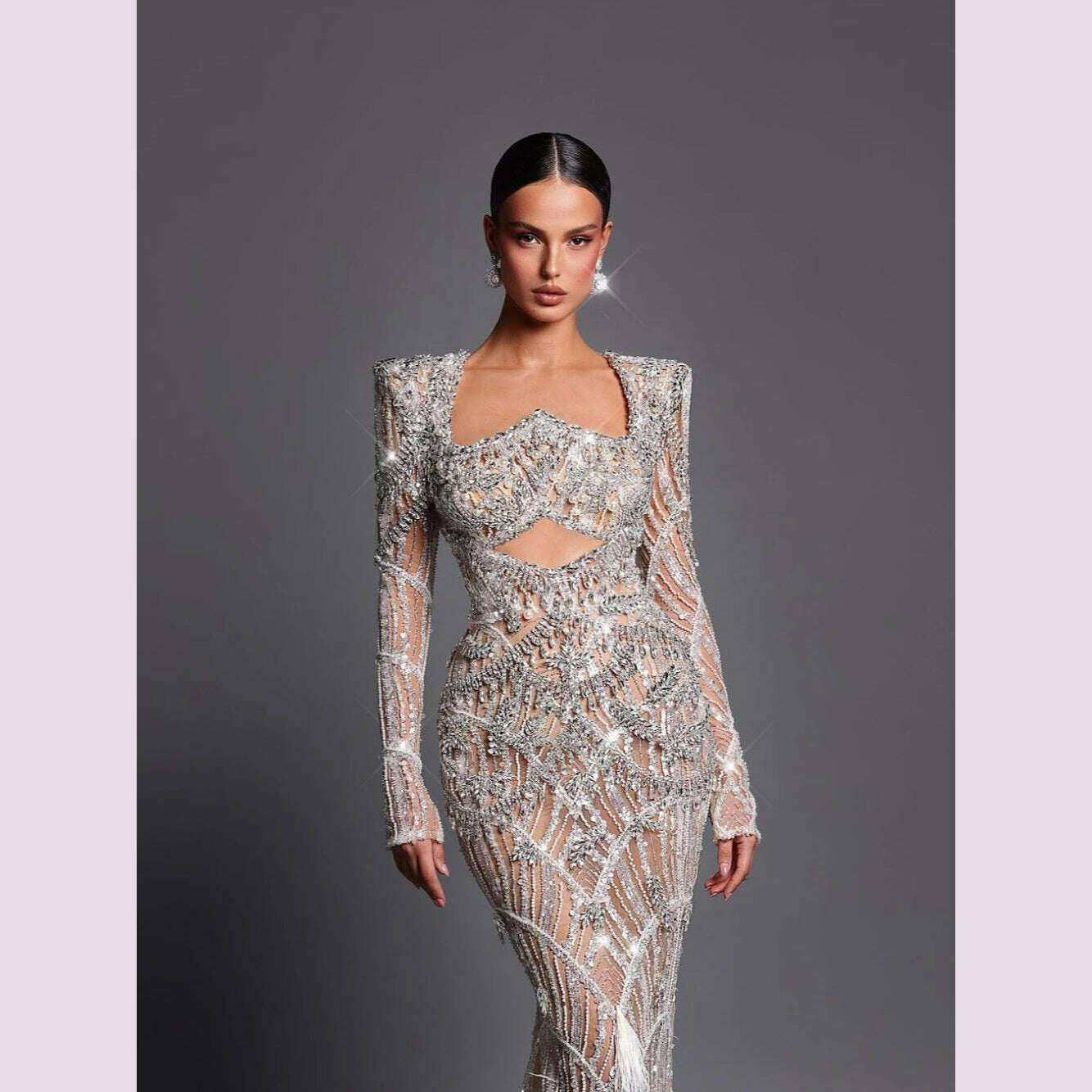 KIMLUD, Luxury Sliver Mermaid Evening Gown Illusion Cut Out Prom Dresses Celebrity Beading Sequins Feathers Customized Robe De Soriee, KIMLUD Womens Clothes