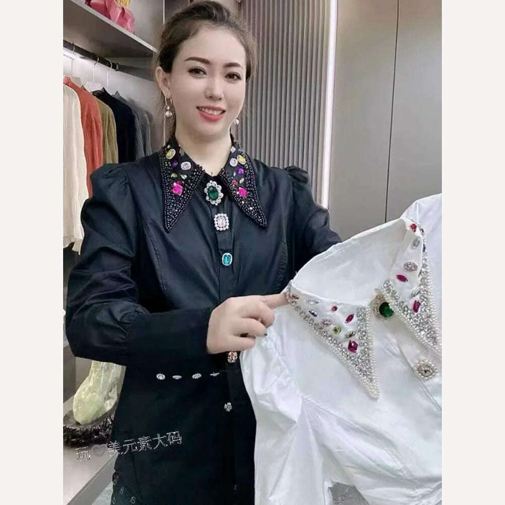 KIMLUD, Luxury Sparking Women Rhinestones Beaded Cotton Shirts and Blouses Autumn Spring White Black Diamonds Loose Tops Blusas Female, KIMLUD Womens Clothes