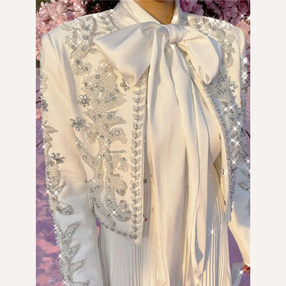KIMLUD, Luxury Spring New Women Baroque Diamond Pearls Beading Embroidery Jacket Elegant Slim Fit Short Suit Coat Party White Outerwear, KIMLUD Women's Clothes