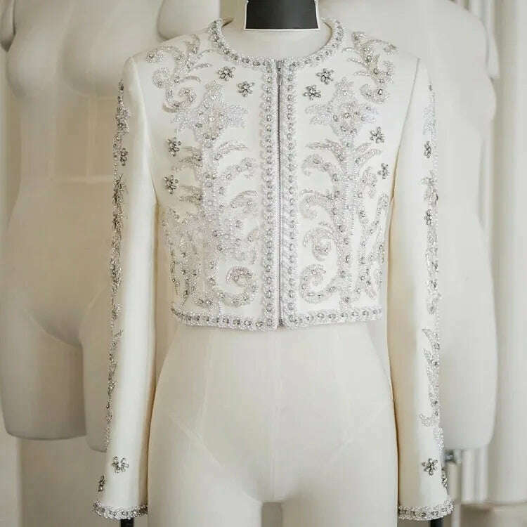 KIMLUD, Luxury Spring New Women Baroque Diamond Pearls Beading Embroidery Jacket Elegant Slim Fit Short Suit Coat Party White Outerwear, jacket polyester / XS, KIMLUD Women's Clothes