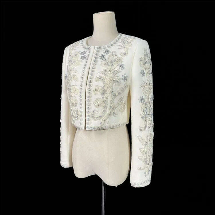 KIMLUD, Luxury Spring New Women Baroque Diamond Pearls Beading Embroidery Jacket Elegant Slim Fit Short Suit Coat Party White Outerwear, jacket wool / XS, KIMLUD Women's Clothes