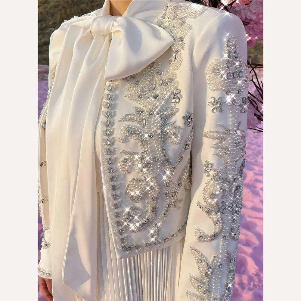 KIMLUD, Luxury Spring New Women Baroque Diamond Pearls Beading Embroidery Jacket Elegant Slim Fit Short Suit Coat Party White Outerwear, KIMLUD Women's Clothes