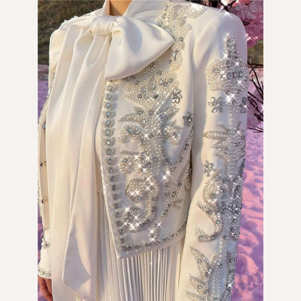 KIMLUD, Luxury Spring New Women Baroque Diamond Pearls Beading Embroidery Jacket Elegant Slim Fit Short Suit Coat Party White Outerwear, KIMLUD Womens Clothes