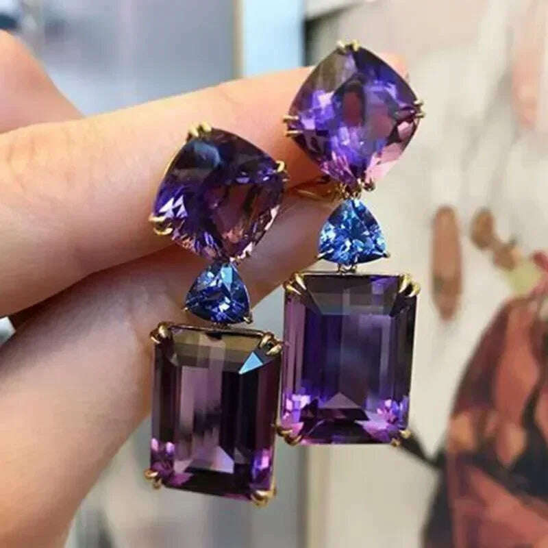 KIMLUD, Luxury Square Purple Cubic Zirconia Crystal Earrings  for Women New FashionExquisite Fashion Gold Color Dangle  Wedding Jewelry, he  Earrings, KIMLUD Women's Clothes