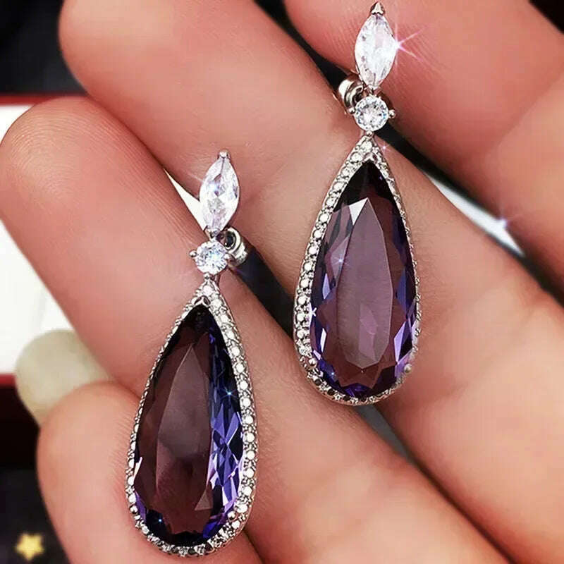 KIMLUD, Luxury Square Purple Cubic Zirconia Crystal Earrings  for Women New FashionExquisite Fashion Gold Color Dangle  Wedding Jewelry, E1448 Earrings, KIMLUD Womens Clothes