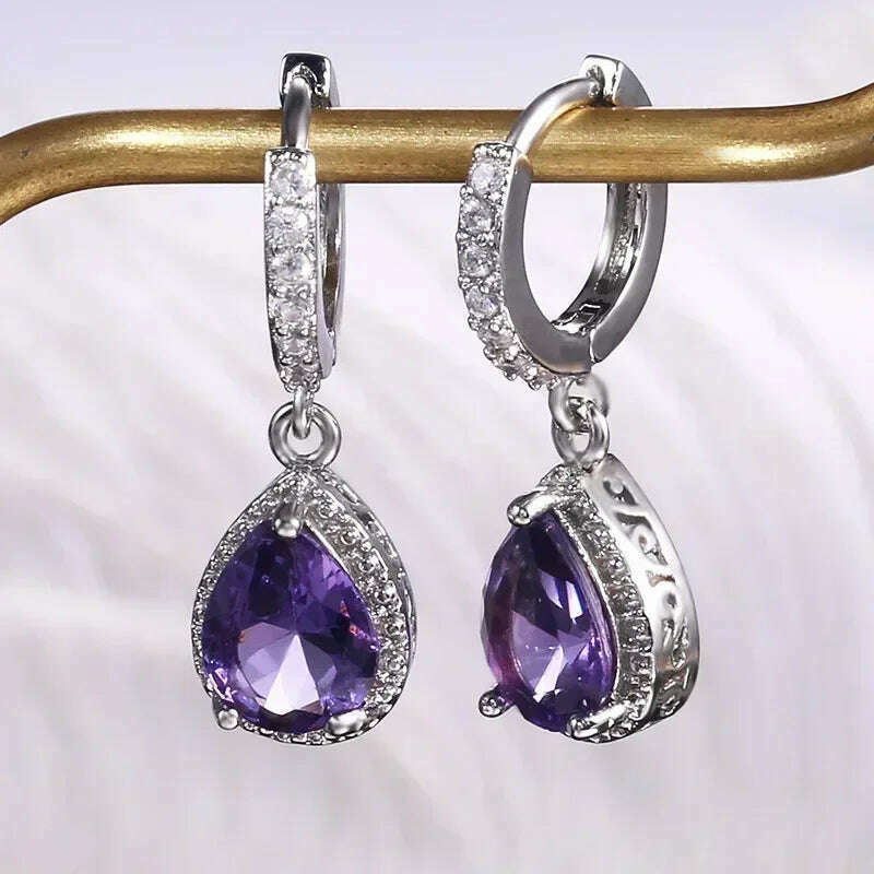 KIMLUD, Luxury Square Purple Cubic Zirconia Crystal Earrings  for Women New FashionExquisite Fashion Gold Color Dangle  Wedding Jewelry, E070, KIMLUD Womens Clothes