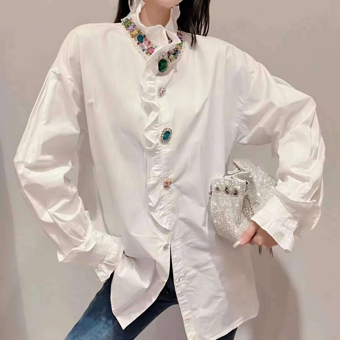 Luxury Style Women Sparking Bead Diamond Stitch Loose Cotton Mid-length Shirts Blouses Autumn Spring Tops Blusas White Black Red, KIMLUD Women's Clothes