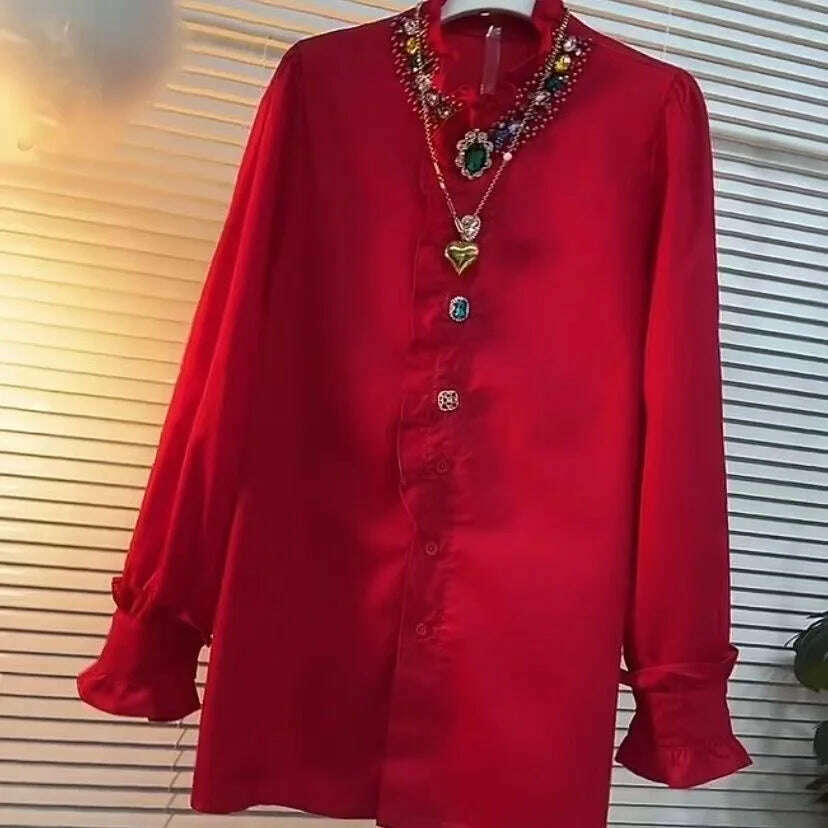 KIMLUD, Luxury Style Women Sparking Bead Diamond Stitch Loose Cotton Mid-length Shirts Blouses Autumn Spring Tops Blusas White Black Red, Red / XXXL, KIMLUD Womens Clothes