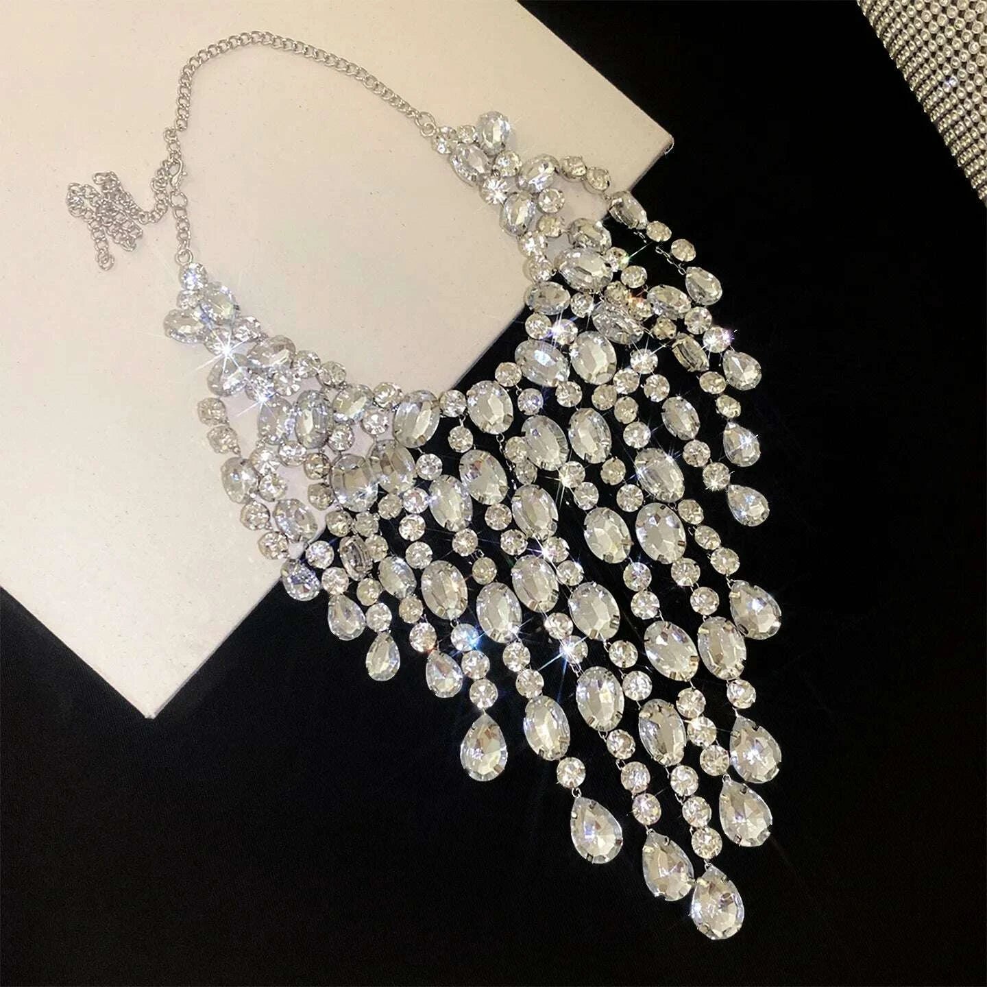 Luxury Tassel Water Drop Rhinestone Choker Necklace for Women Oversized Sparkly Elegant Evening Party Wedding Statement Jewelry