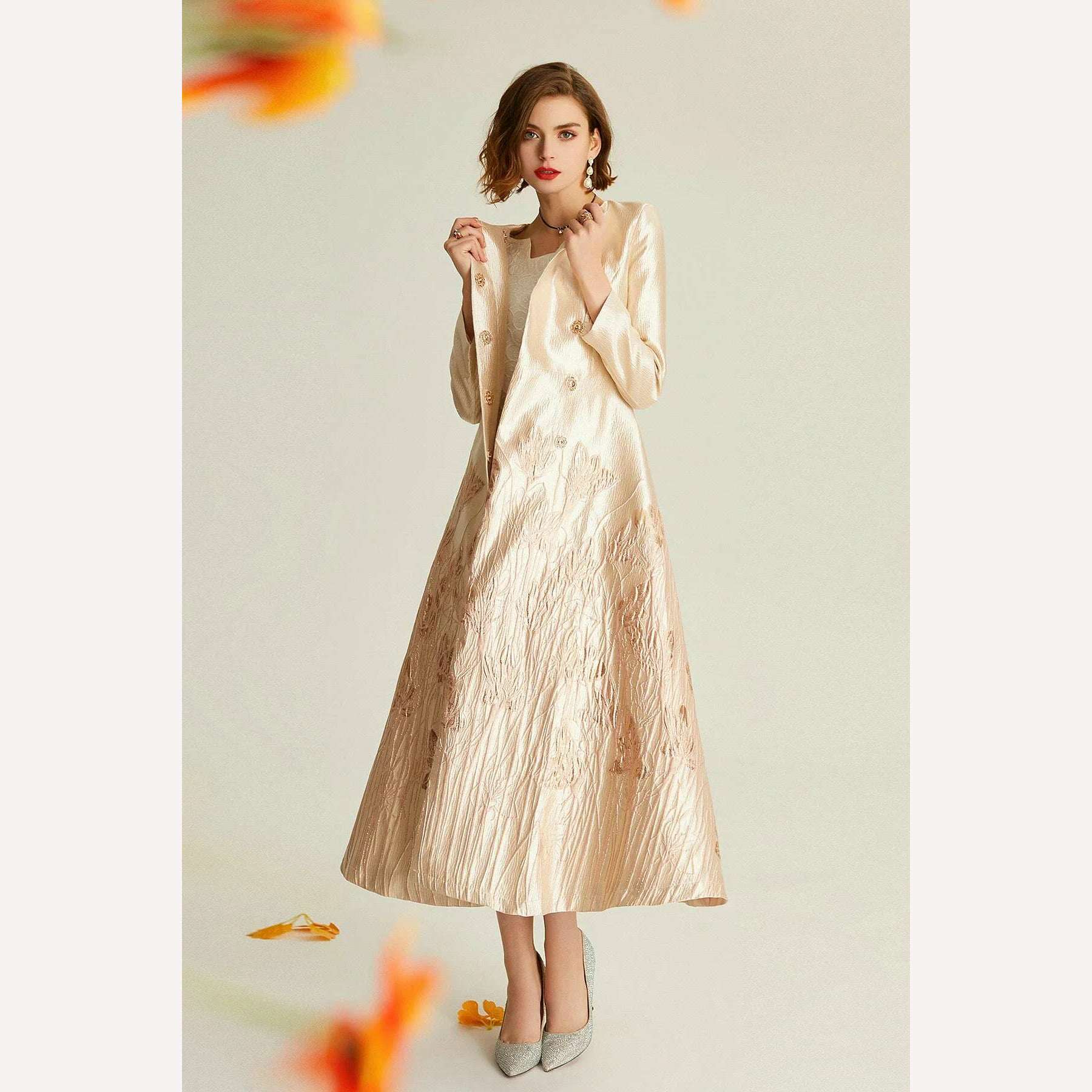 KIMLUD, Luxury Trench Women Autumn Winter Jacquard Coat Floral Covered Button Long Dress Coat Jacket Overcoat New Year Evening Wear Gift, KIMLUD Women's Clothes