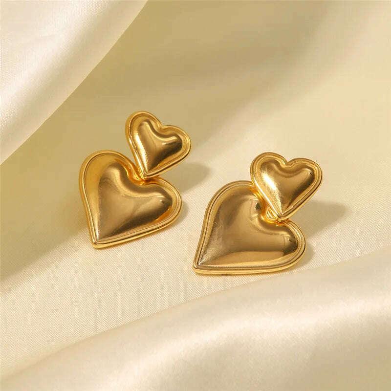 KIMLUD, Luxury Trendy Double Heart Shaped Earrings Gold Plated Smooth Metal Love Drop Earrings For Women Jewelry Party Gift, KIMLUD Women's Clothes