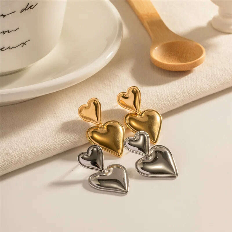 KIMLUD, Luxury Trendy Double Heart Shaped Earrings Gold Plated Smooth Metal Love Drop Earrings For Women Jewelry Party Gift, KIMLUD Women's Clothes
