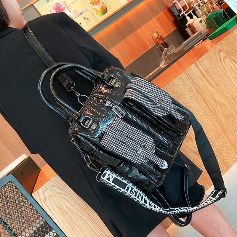 KIMLUD, Luxury Trendy Women Leather Shoulder Bag Designer Diamond Handbags Fashion Brand 2022 Rivet Rhinestone Top-handle Crossbody Bags, Black, KIMLUD APPAREL - Womens Clothes