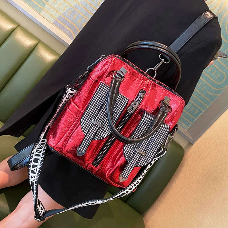 KIMLUD, Luxury Trendy Women Leather Shoulder Bag Designer Diamond Handbags Fashion Brand 2022 Rivet Rhinestone Top-handle Crossbody Bags, Red, KIMLUD APPAREL - Womens Clothes