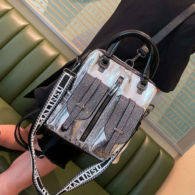 KIMLUD, Luxury Trendy Women Leather Shoulder Bag Designer Diamond Handbags Fashion Brand 2022 Rivet Rhinestone Top-handle Crossbody Bags, Silver, KIMLUD APPAREL - Womens Clothes