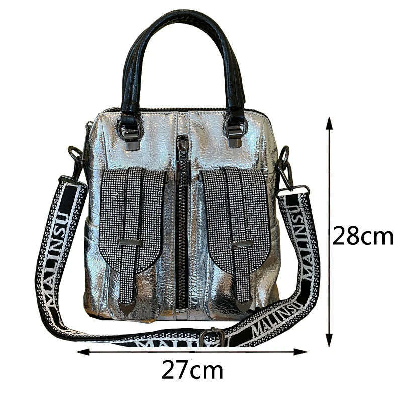 KIMLUD, Luxury Trendy Women Leather Shoulder Bag Designer Diamond Handbags Fashion Brand 2022 Rivet Rhinestone Top-handle Crossbody Bags, KIMLUD Womens Clothes
