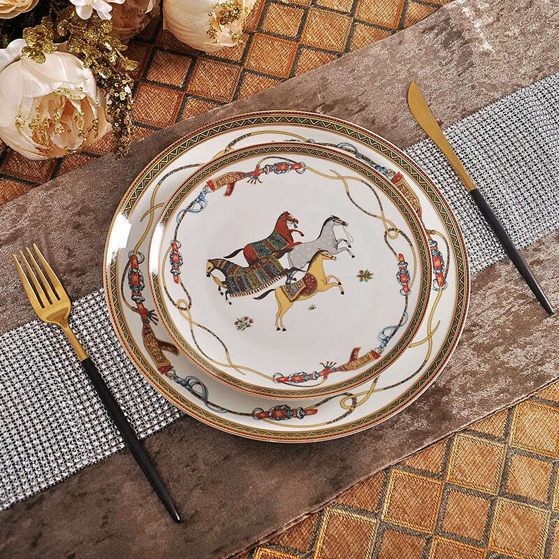 KIMLUD, Luxury War Horse Bone China Dinnerware Set Royal Feast Jingdezhen Porcelain Western Plate Dish Home Decoration Wedding Gifts, KIMLUD Womens Clothes