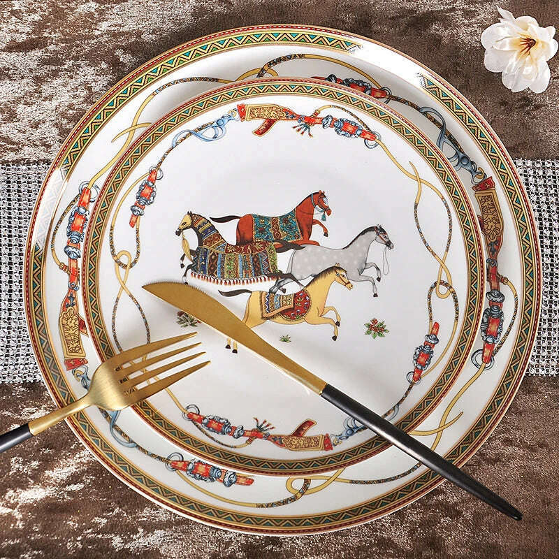 KIMLUD, Luxury War Horse Bone China Dinnerware Set Royal Feast Jingdezhen Porcelain Western Plate Dish Home Decoration Wedding Gifts, KIMLUD Womens Clothes