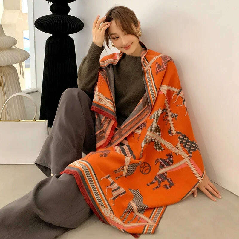 KIMLUD, Luxury Winter Cashmere Scarf Women 2024 Design Warm Pashmina Blanket Horse Scarves Female Shawl Wraps Thick Foulard Bufanda, Y9-5-Orange, KIMLUD APPAREL - Womens Clothes