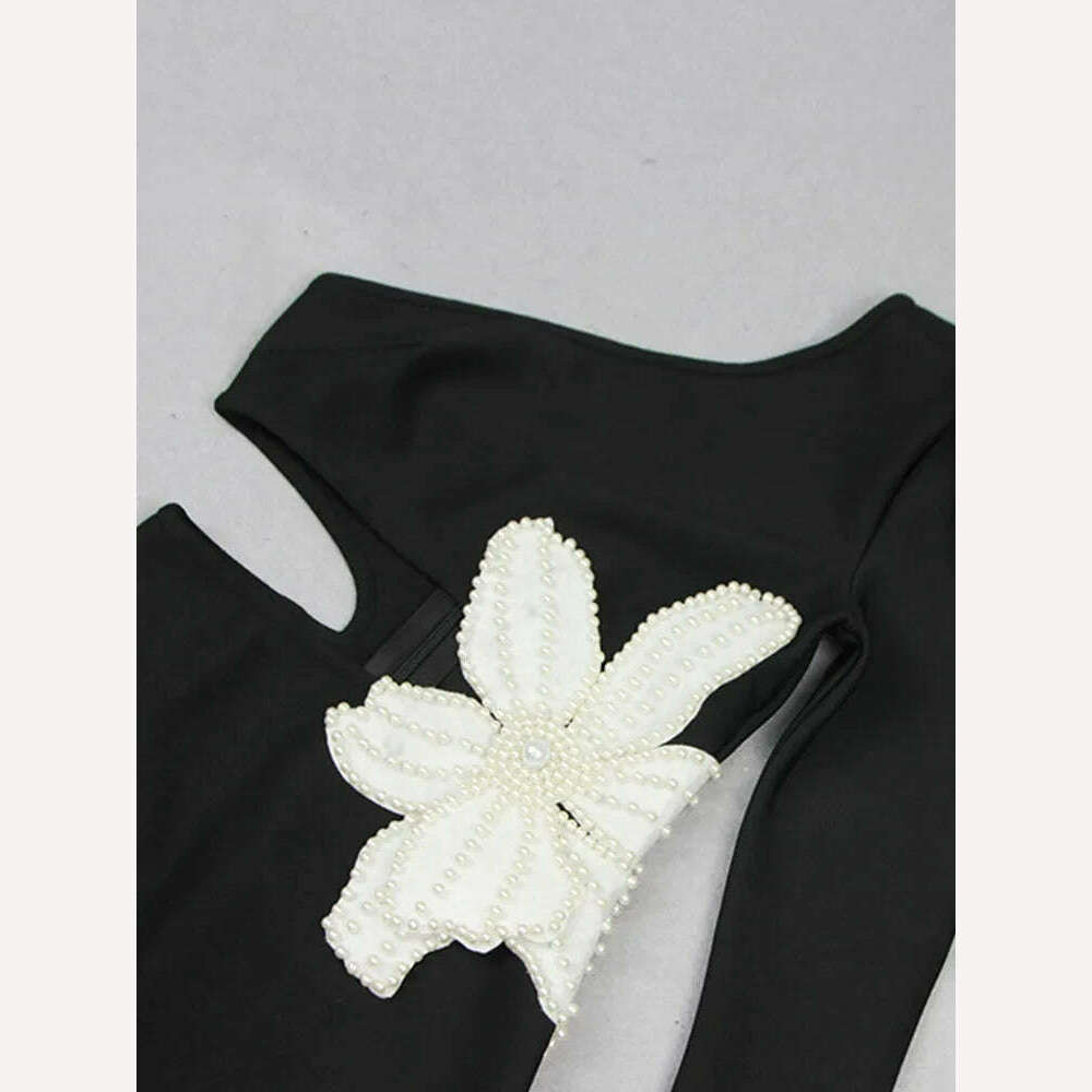 KIMLUD, Luxury Women Celebrity Sexy Single Sleeve Flower Beading Black Midi Bodycon Bandage Dress 2023 Elegant Evening Club Party Dress, KIMLUD Women's Clothes