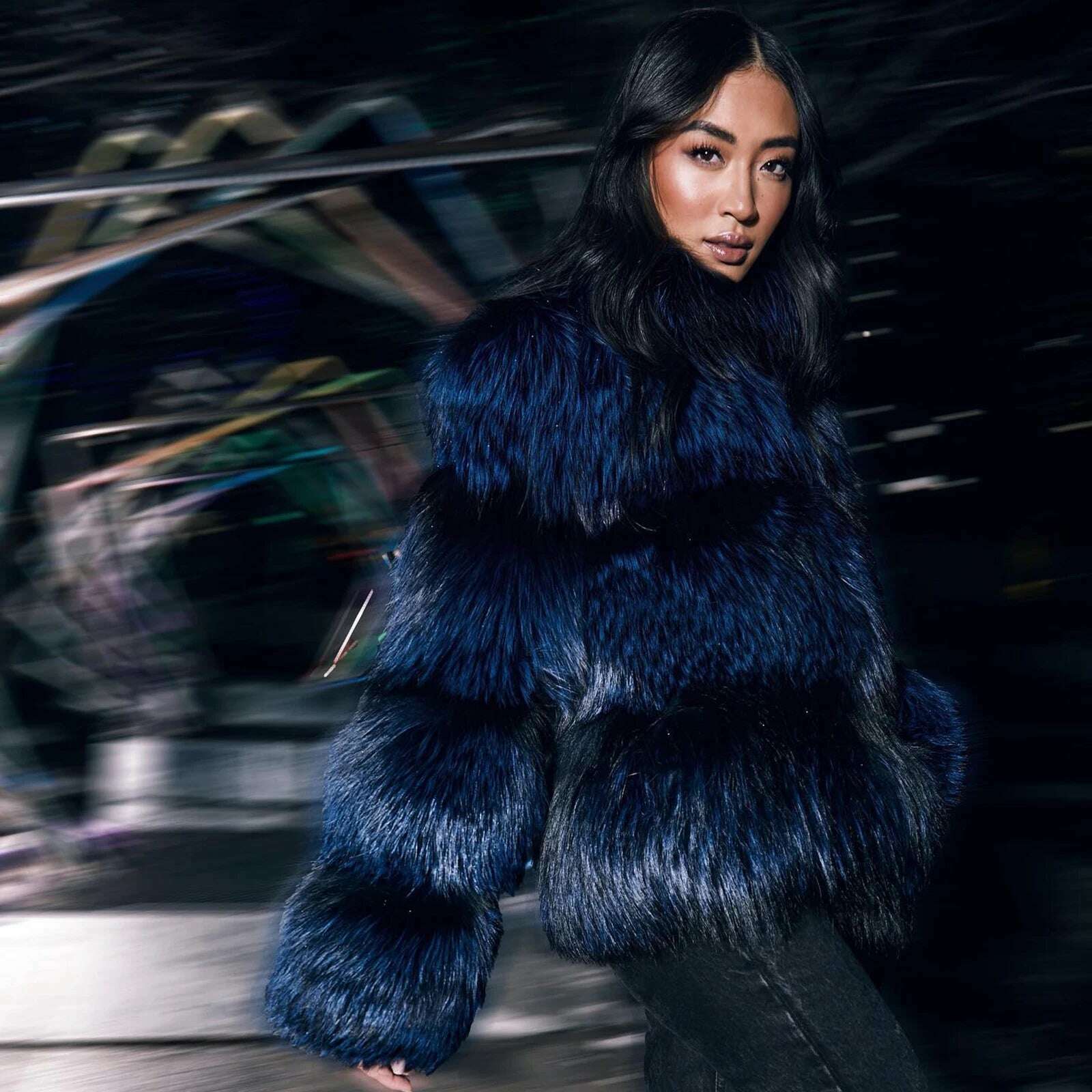 KIMLUD, Luxury Women Real Raccoon Dog Fur Jacket Stand Collar Royal Blue Genuine Raccoon Dog Fur Coat Full Pelt Fur Overcoat Woman, KIMLUD Womens Clothes