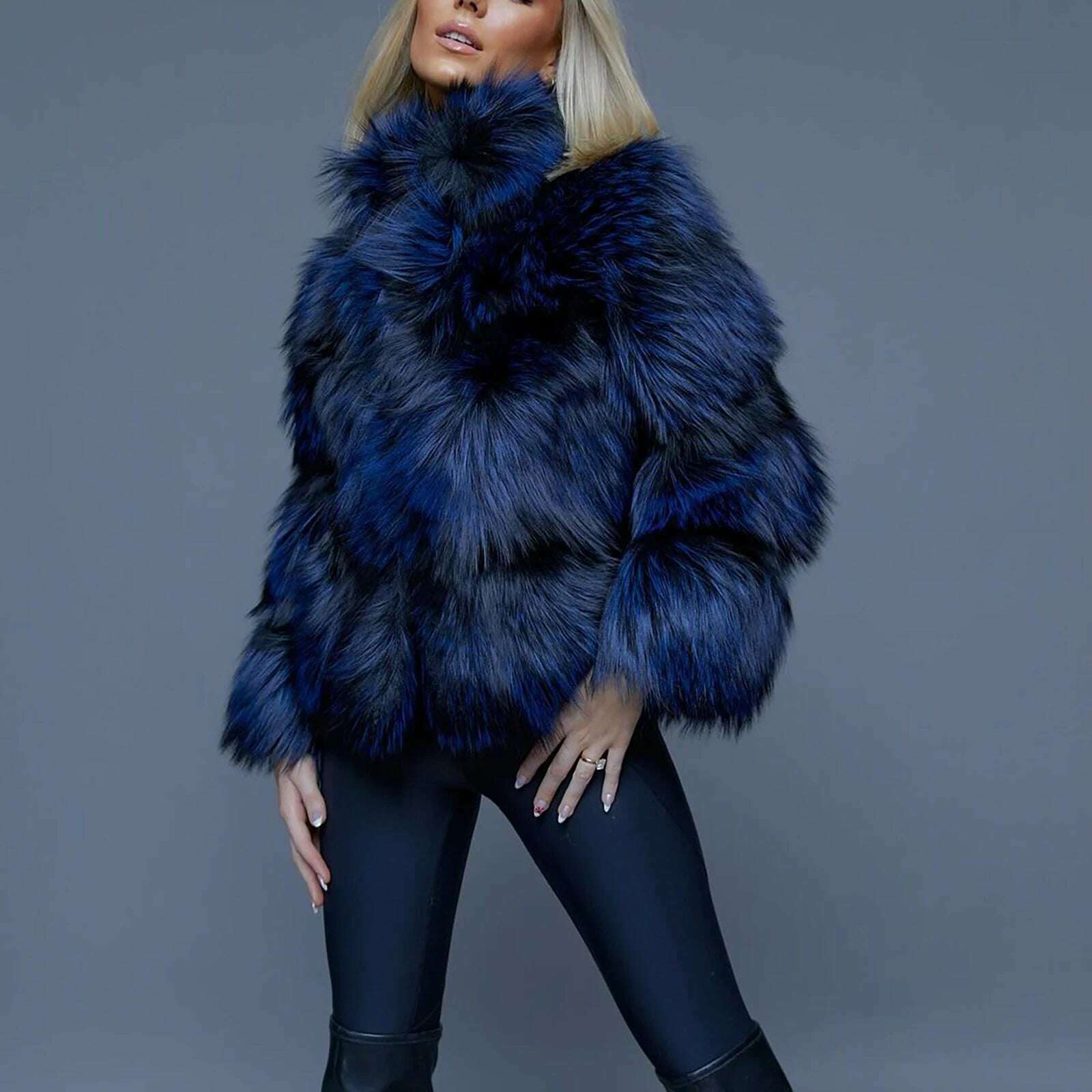 KIMLUD, Luxury Women Real Raccoon Dog Fur Jacket Stand Collar Royal Blue Genuine Raccoon Dog Fur Coat Full Pelt Fur Overcoat Woman, KIMLUD Womens Clothes