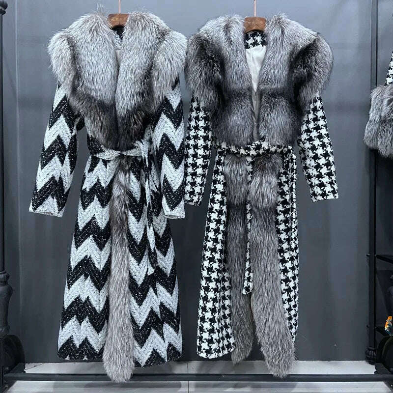 KIMLUD, Luxury Women Winter Coat X-Long Thick Warm Outwear With Real Big Silver Fox Fur Collar Trim Natural Fox Fur Collar Plaid Jacket, KIMLUD Womens Clothes
